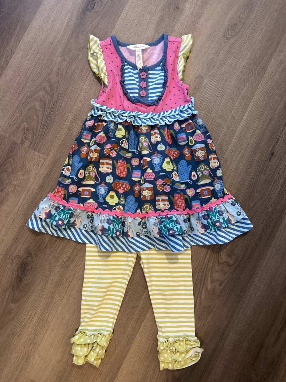 Matilda Jane Pink Navy Yellow Floral & Stripe Mix Dress Set
